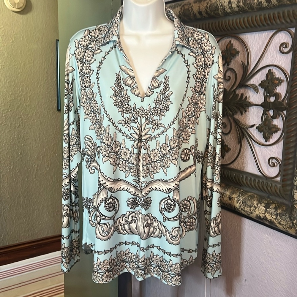 NWT Hale Bob Top- turquoise with grey print long sleeve Sz L